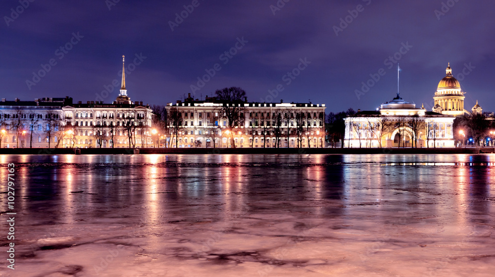 Neva`s embankment in St, Petersburg, night