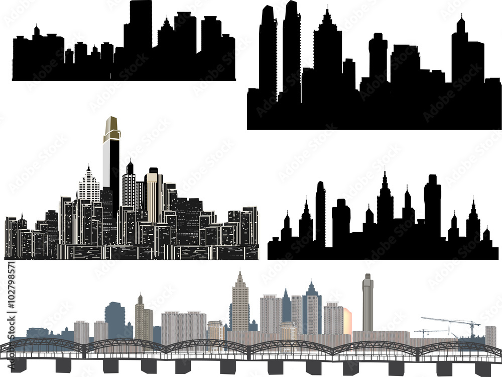 five modern city panoramas on white