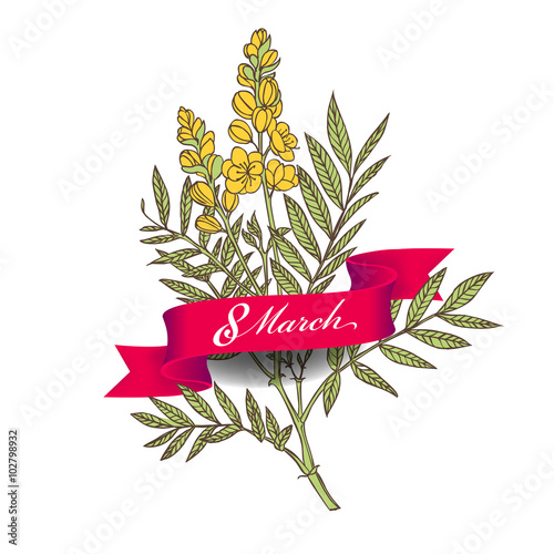 Greeting card with senna flower and a ribbon. 8 march - woman's day