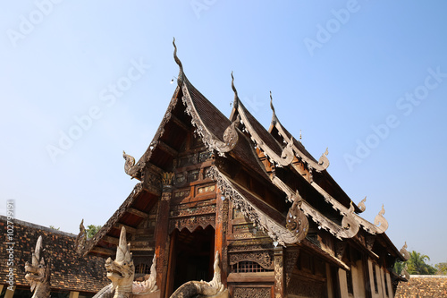 Photography wooden sculpture on ancient buddhism temple gable