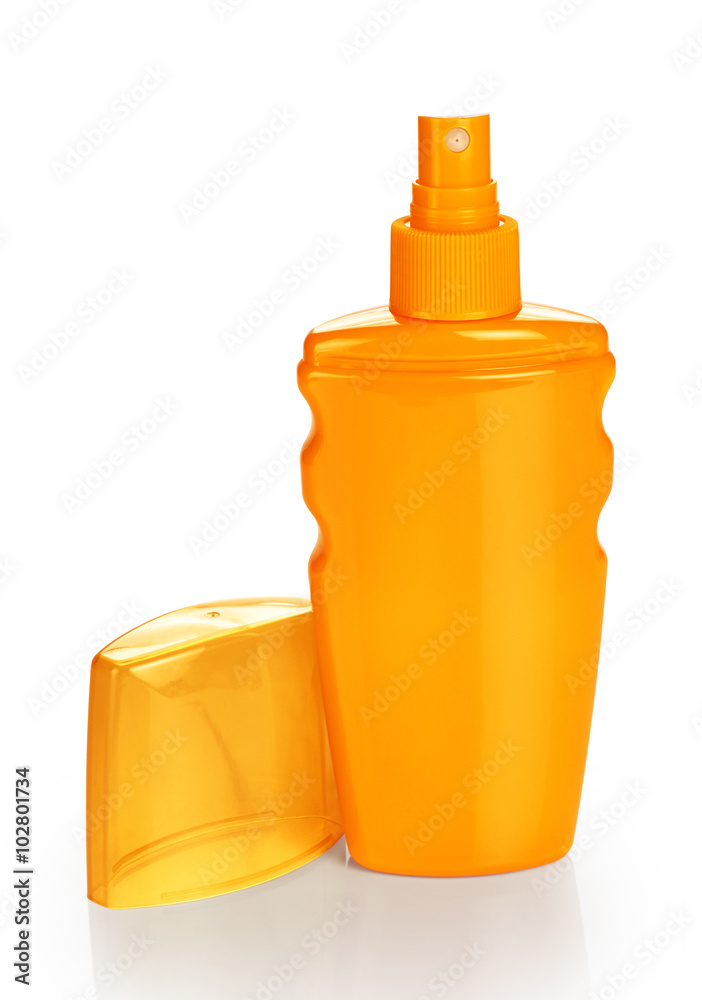 Bottle with sunscreen spray isolated on white background. Bottle with sunscreen spray isolated on white background.