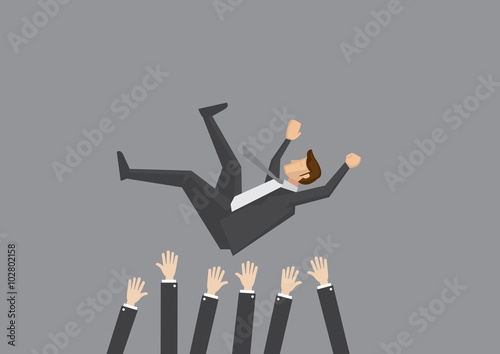 Teammates Toss Businessman in the air for celebration