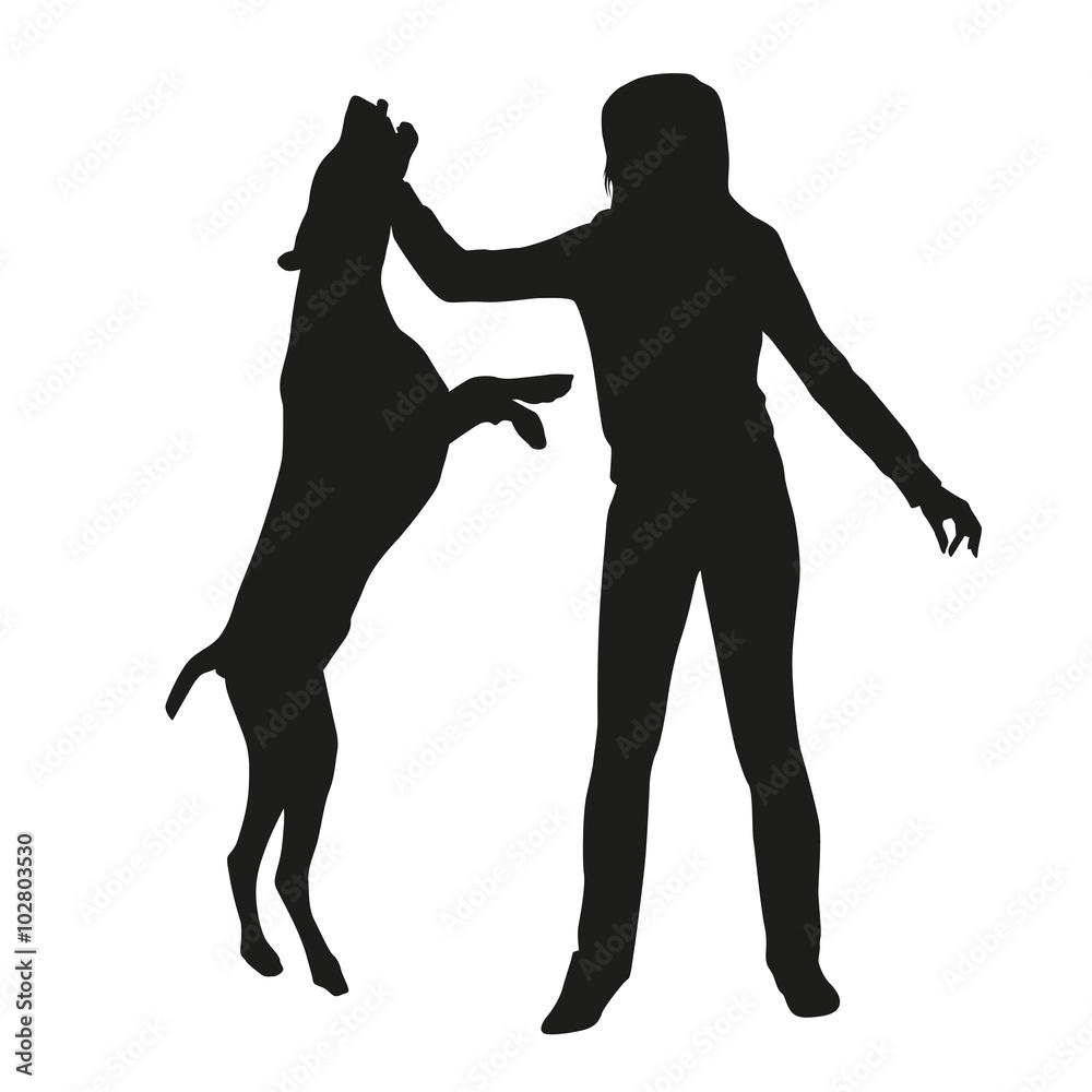 Woman with a dog. Exercise, training, walk, walking the dog. Vec