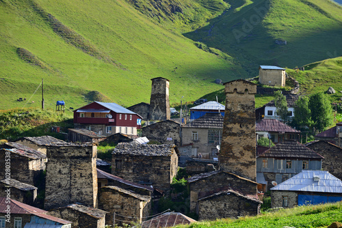 A typical Svanetian tower in Ushguli,  Georgia photo