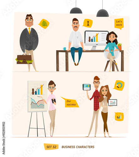 Business characters set. Working time in office