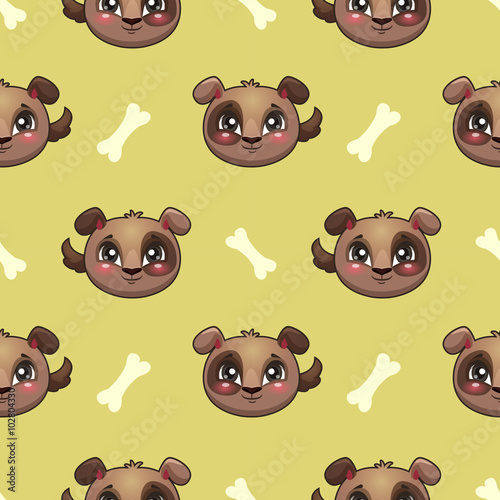 Seamless pattern with funny dog faces and bones