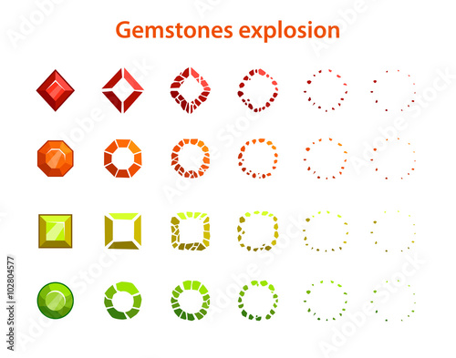 Cartoon colorful gemstones explosion frames