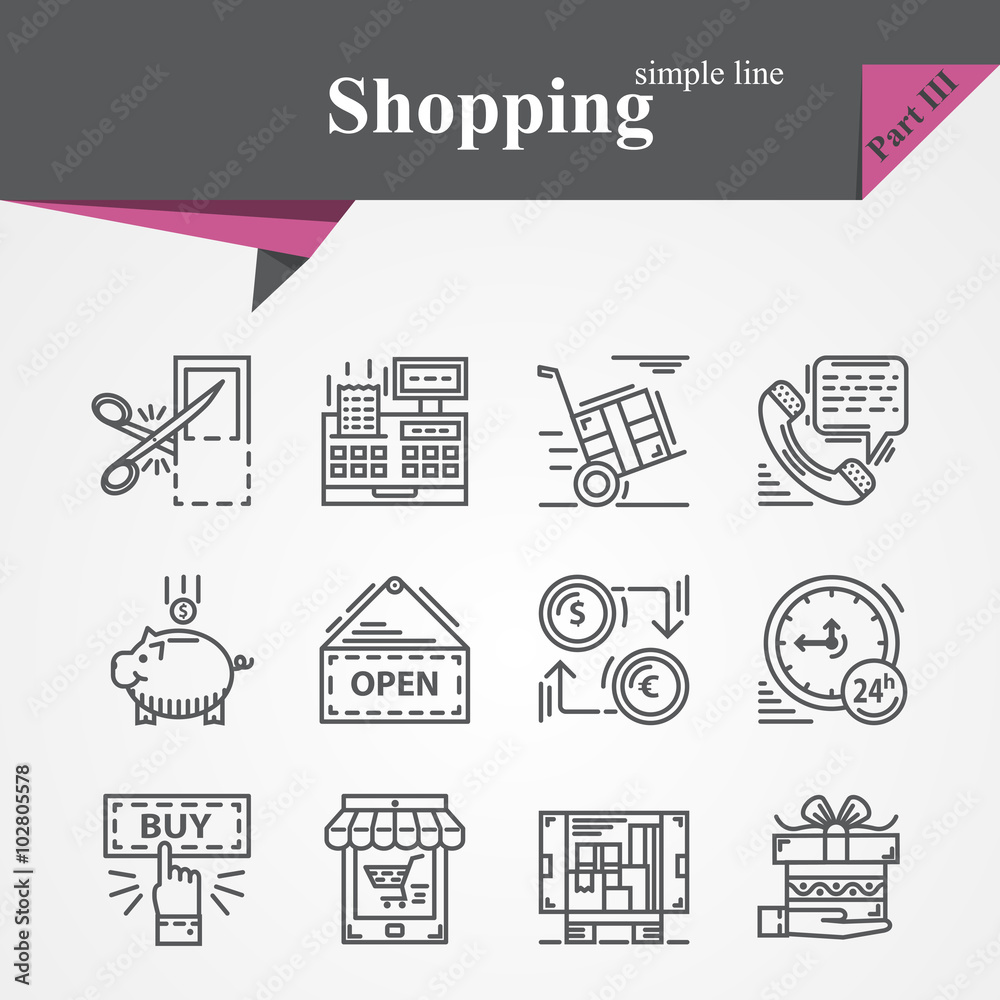 Trendy Modern Shopping  simple thin line icons set with online payment,online shopping,hand with gift,product delivery,customer support,money,time,coupon etc.