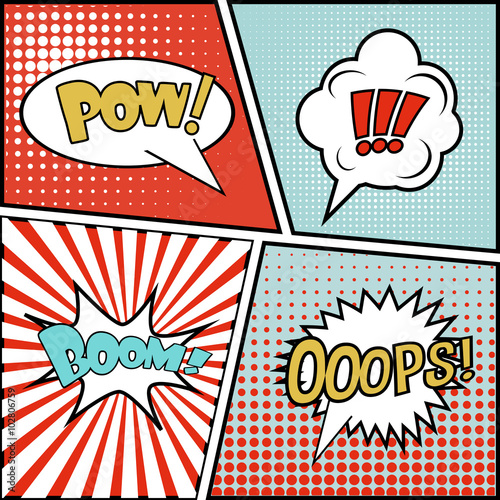 Abstract Creative concept vector comics pop art style blank layout template with clouds beams and isolated dots pattern on background. For Web and Mobile Applications, illustration template design.