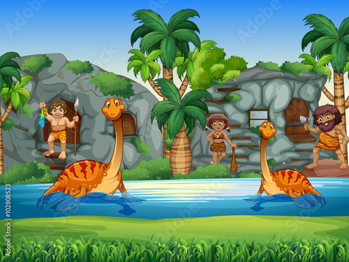 Cavemen and dinosaurs living together