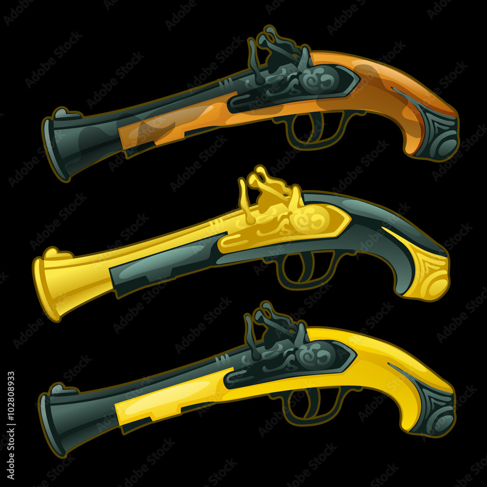 Set of three ancient pistols closeup