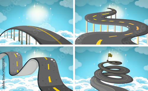 Four scene of roads in the sky