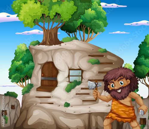 Caveman with axe living in the stonehouse