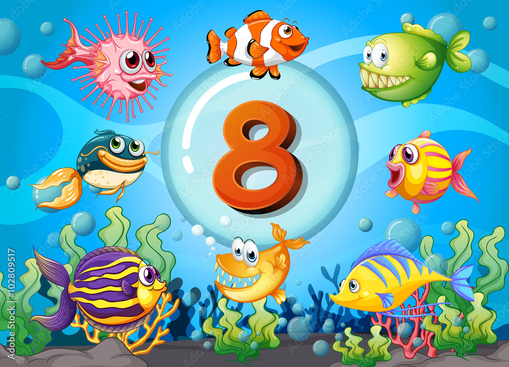 Fototapeta premium Flashcard number eight with 8 fish underwater
