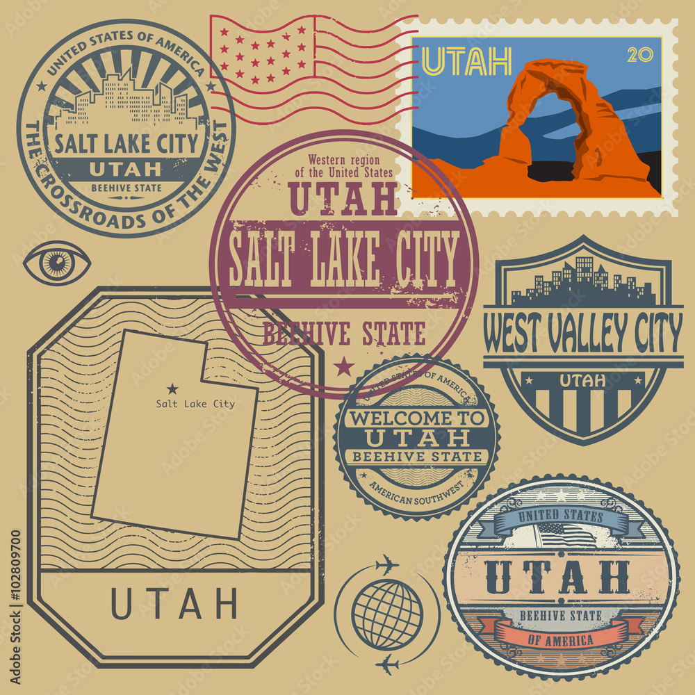 Stamp set with the name and map of Utah, United States