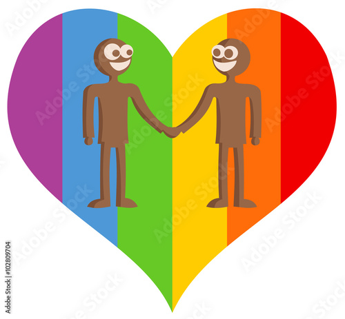 Rainbow love heart with silhouette of couple of two happy homosexual men and gays who hold their hands and smile