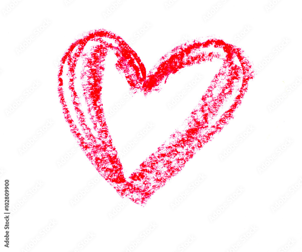 Simple heart drawn with a red crayon on white paper