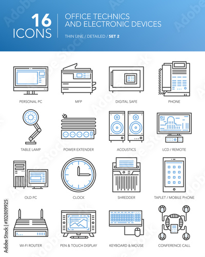 Detailed thin line icons for business. Office technics and electronic devices. PC, MFP, lamp, clock, acoustics, tablet, smartphone and other devices. Vector.