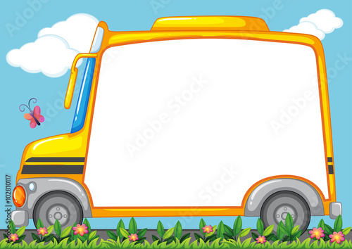 Border design with schoolbus in garden