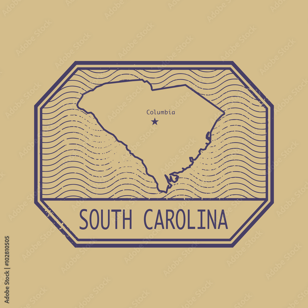 Stamp with the name and map of South Carolina, United States Stamp with the name and map of South Carolina, United States