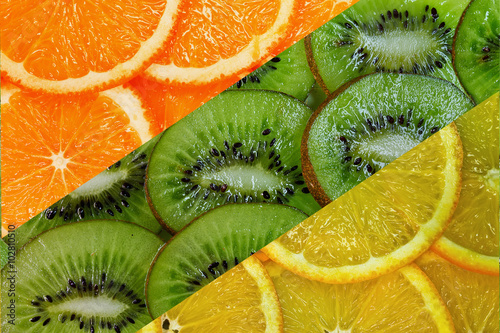 background of lemons, oranges and kiwi fruit closeup