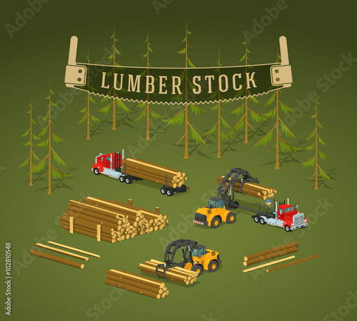 Lumber stock. Logs loading on trucks. 3D lowpoly isometric vector concept illustration suitable for advertising and promotion