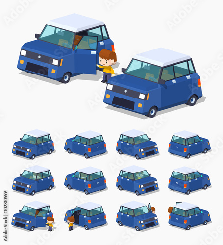 Modern blue hatchback. 3D lowpoly isometric vector illustration. The set of objects isolated against the white background and shown from different sides