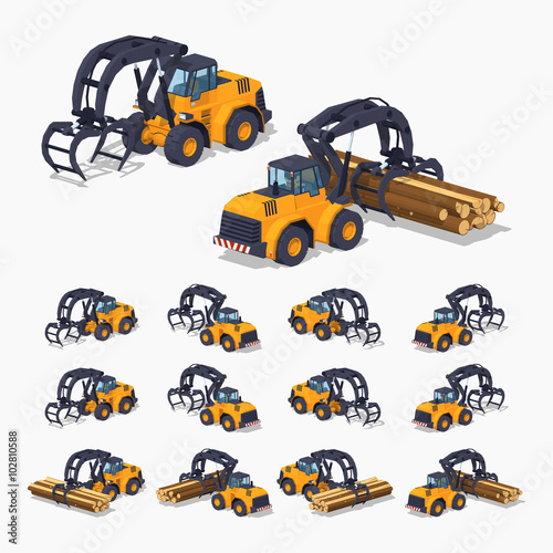 Yellow log loader. 3D lowpoly isometric vector illustration. The set of objects isolated against the white background and shown from different sides