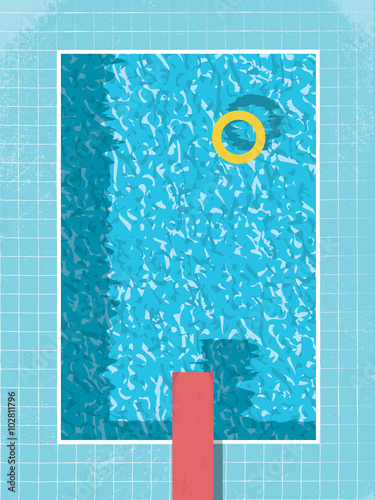 Swimming pool top view with inflatable ring preserver and red jump. 80s style vintage graphic design on grunge background.