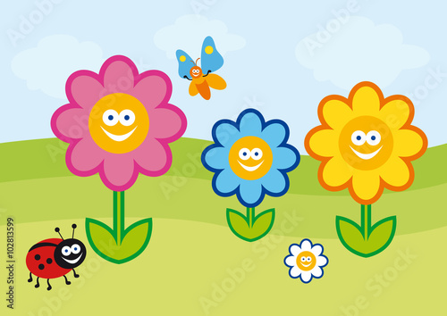 Funny spring illustration. Vector colorful flowers. Crazy colorful cartoon flowers. Children's Summer colorful drawing.