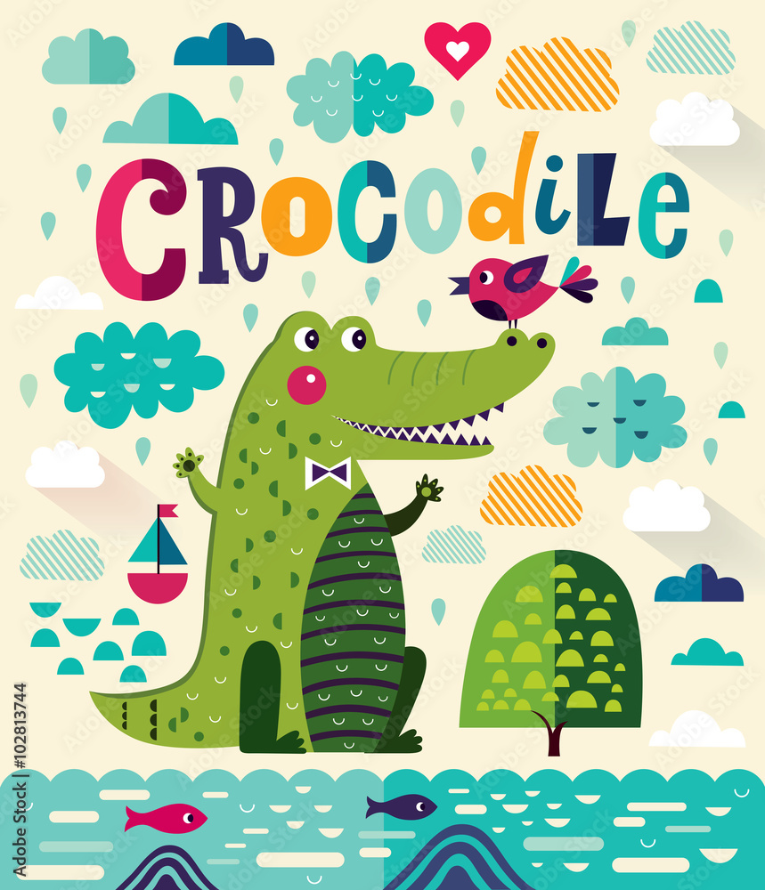 Naklejka premium Cartoon illustration with cute crocodile