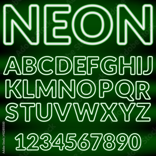 Green neon light alphabet.Vector