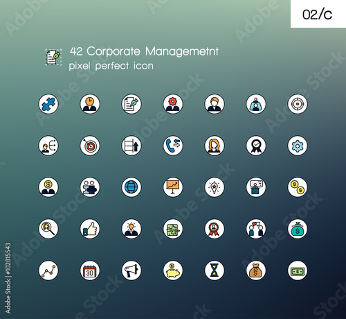 Modern line icons with flat design elements. Pixel perfect icons set of corporate management and business leader training. Outline symbol collection. Simple color line pictogram pack.