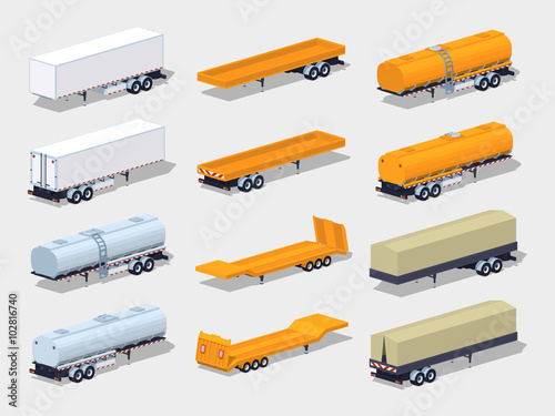 Collection of semitrailers. 3D lowpoly isometric vector illustration. The set of objects isolated against the white background and shown from two sides
