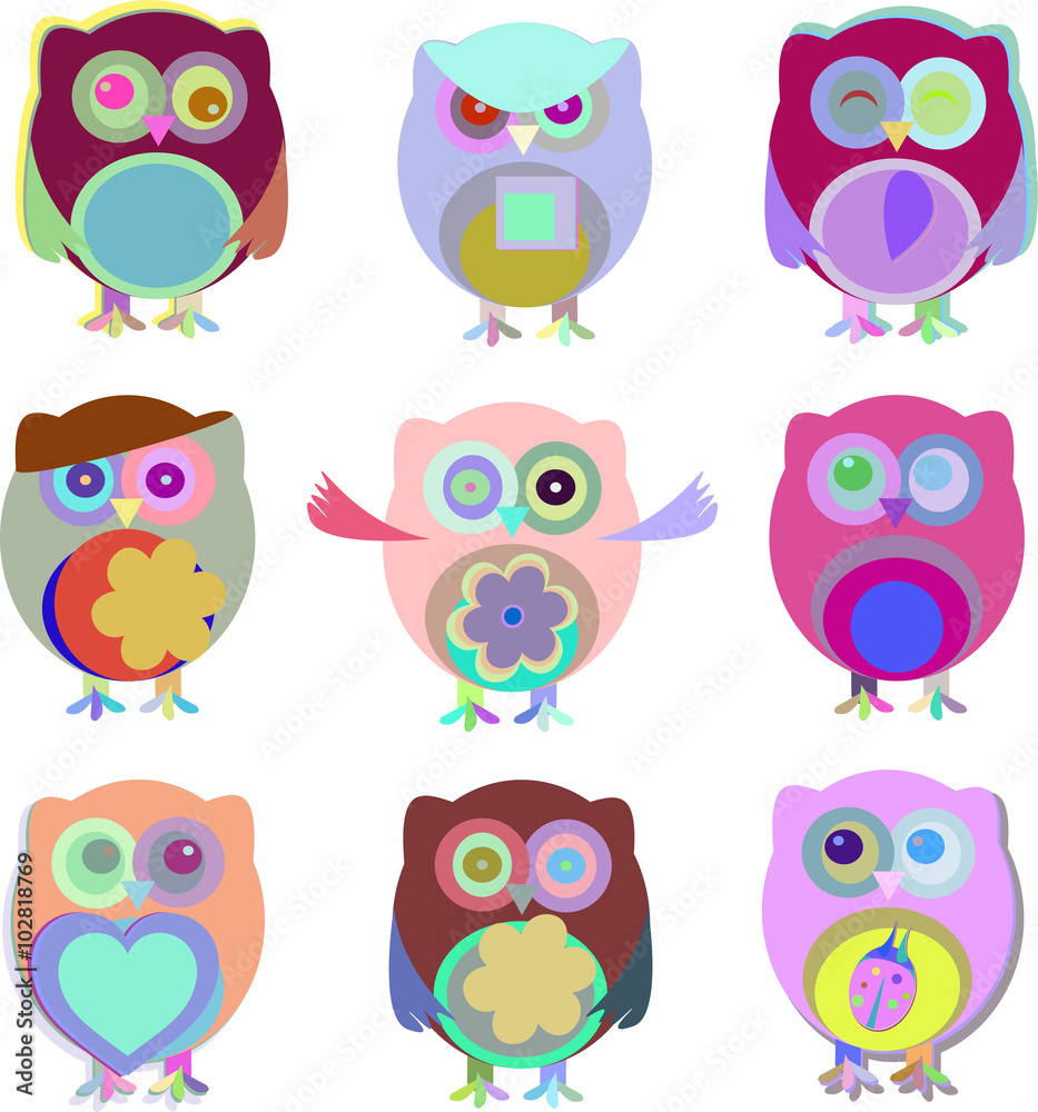 Set of vector cartoon owls with various emotions
