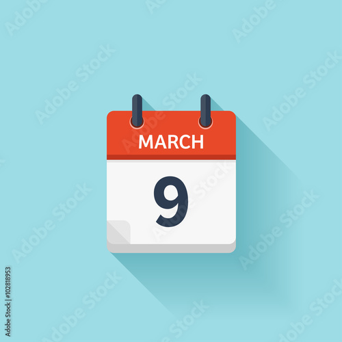 March 9. Vector flat daily calendar icon. Date and time, day, month. Holiday.