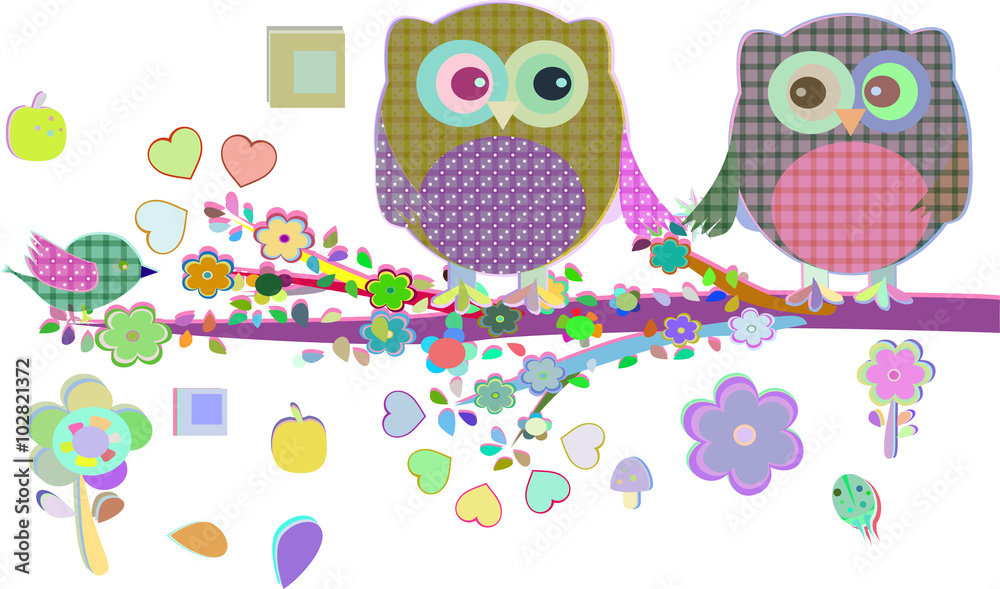 Valentine boy and girl owls sat on a tree branch, vector illustration