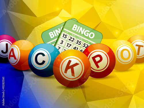 Bingo balls and cards over geometric background