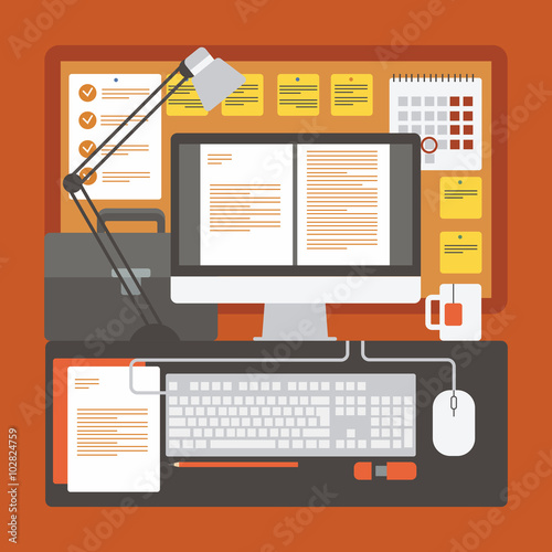 workspace manager showing a computer, important information and a mug of tea. Vector illustration workflow