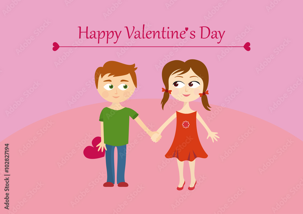 Cute valentines couple, girl and boy. Happy Valentine's Day Greeting Card. Valentine's Day illustration with a couple happy children. Cute valentines couple, girl and boy. Happy Valentine's Day Greeting Card. Valentine's Day illustration with a couple happy children.