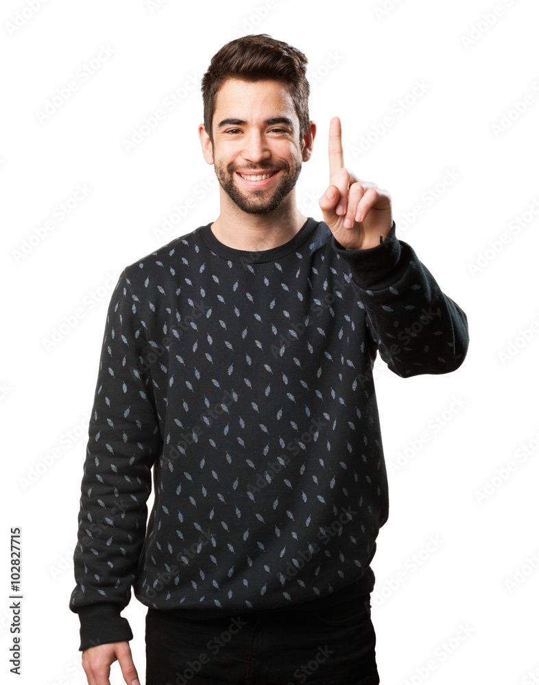 man doing a number one with finger