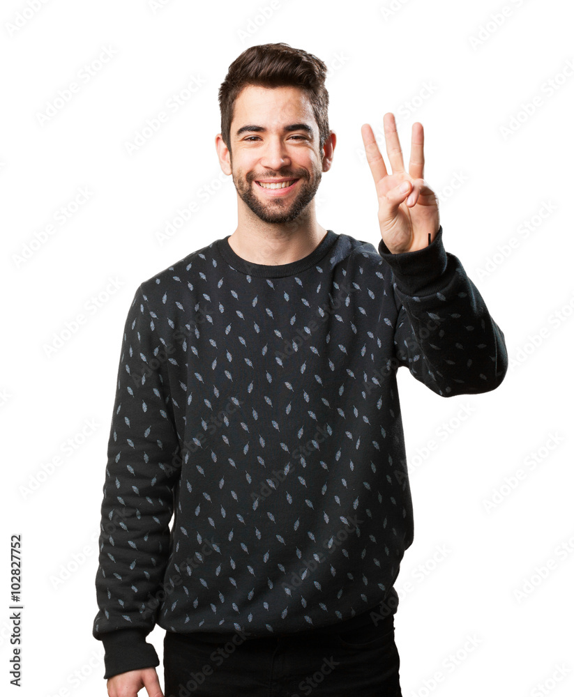 man doing a number three with fingers man doing a number three with fingers