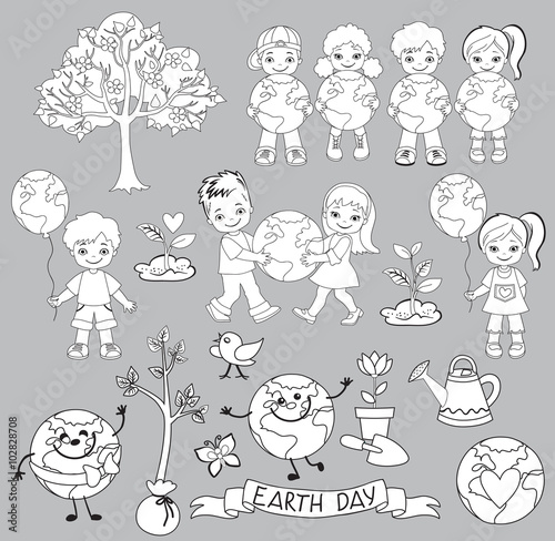 Ecology elements  on Earth Day. Happy children celebrate Earth Day.Coloring.