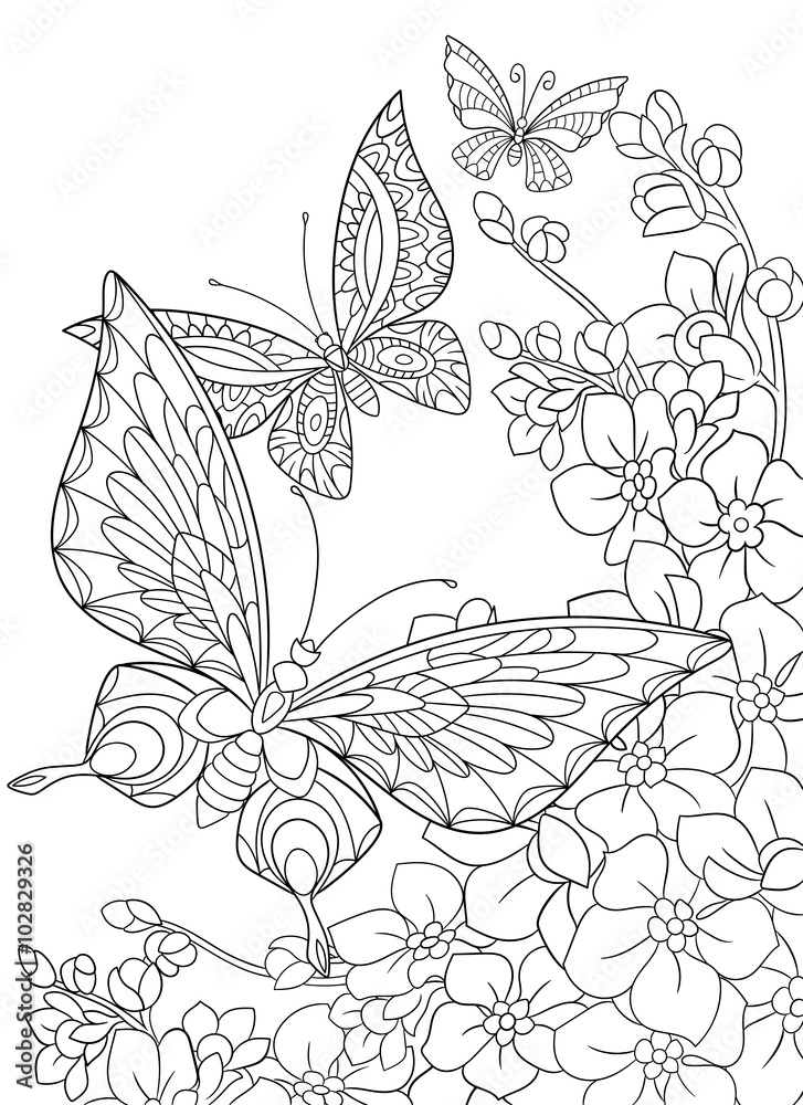 Zentangle stylized cartoon butterfly and sakura flower isolated on ...