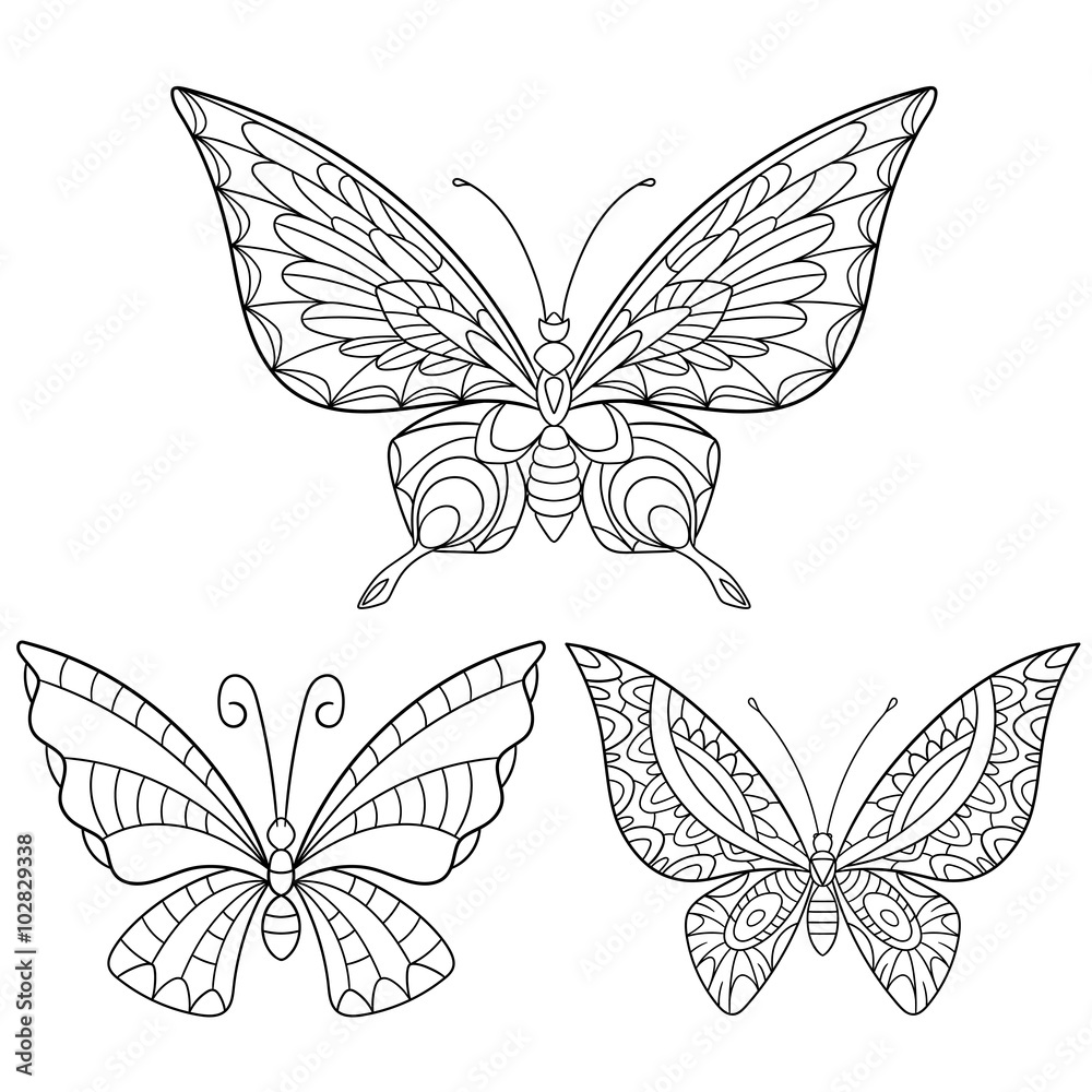 Zentangle stylized cartoon collection of butterflies isolated on white background. Sketch for adult antistress coloring page. Hand drawn doodle, zentangle, floral design elements for coloring book. Zentangle stylized cartoon collection of butterflies isolated on white background. Sketch for adult antistress coloring page. Hand drawn doodle, zentangle, floral design elements for coloring book.