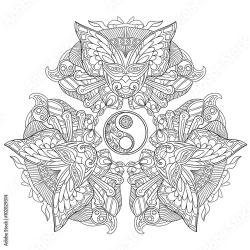 Zentangle stylized cartoon symbol of yin yang with three balanced carnaval masks  isolated on white background. Hand drawn sketch for adult antistress coloring page.