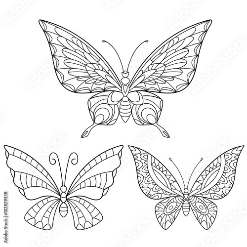 Zentangle stylized cartoon collection of butterflies isolated on white background. Sketch for adult antistress coloring page. Hand drawn doodle, zentangle, floral design elements for coloring book.
