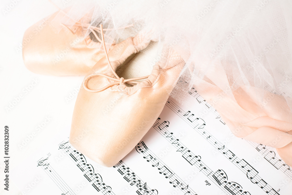 Obraz premium Ballet shoes, skirt and music sheet