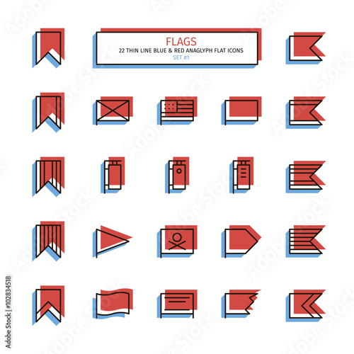 Thin line icon set. Anaglyph 3D red and blue style. Flags, banners and bookmarks icons. Vector.