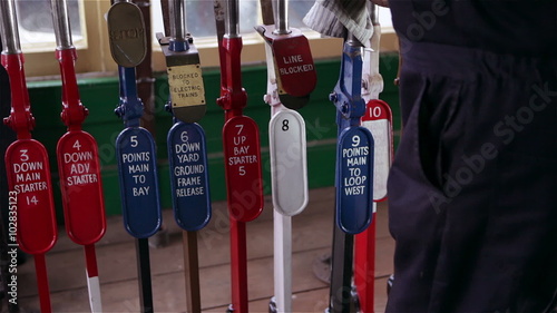 British Railway: detail of a train signalman pulling lever